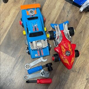 Toy Racing Car and Hot Rod Playset with Tools - Red & Blue